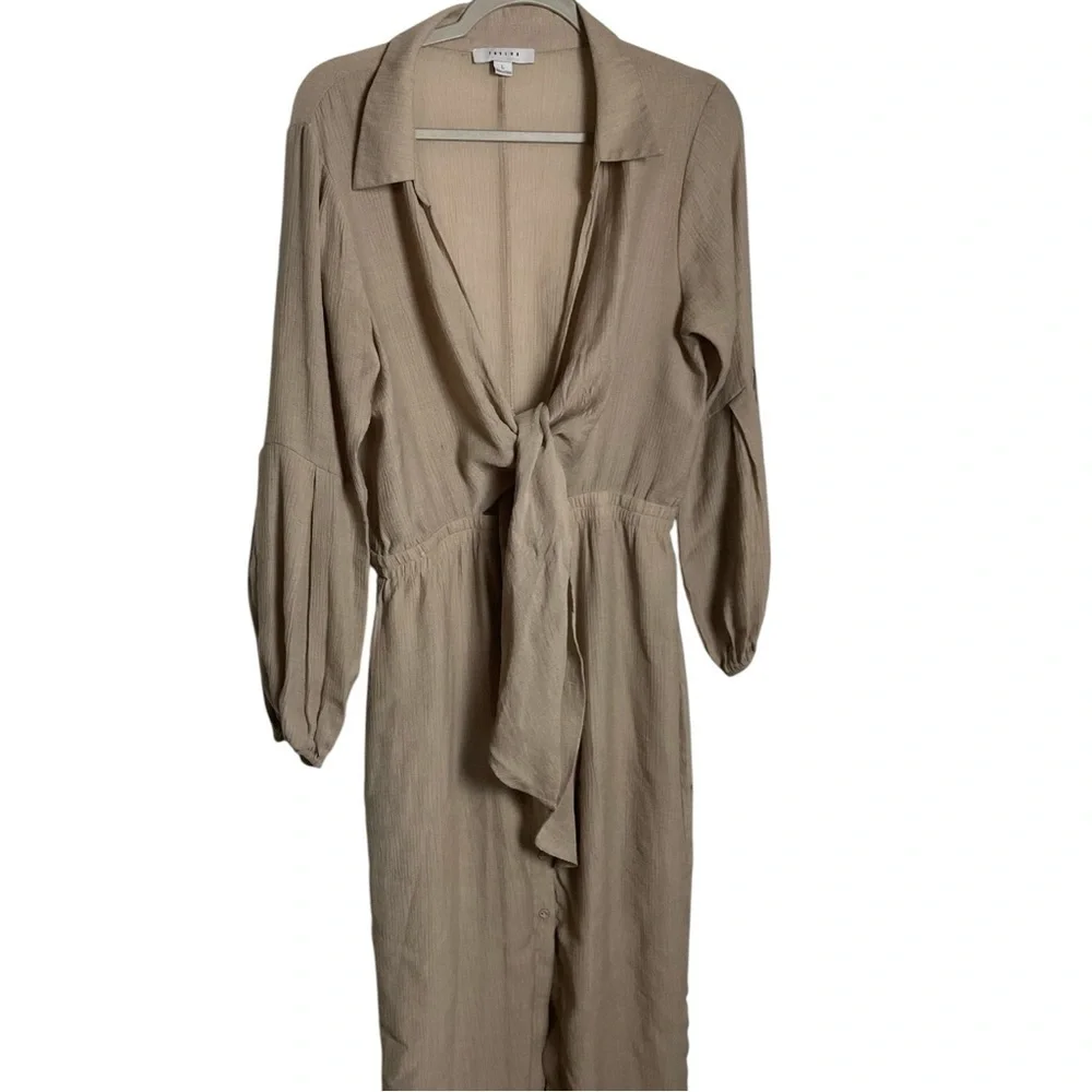 Favlux Vestido Beige Midi Tie Front Manga Larga Talla L